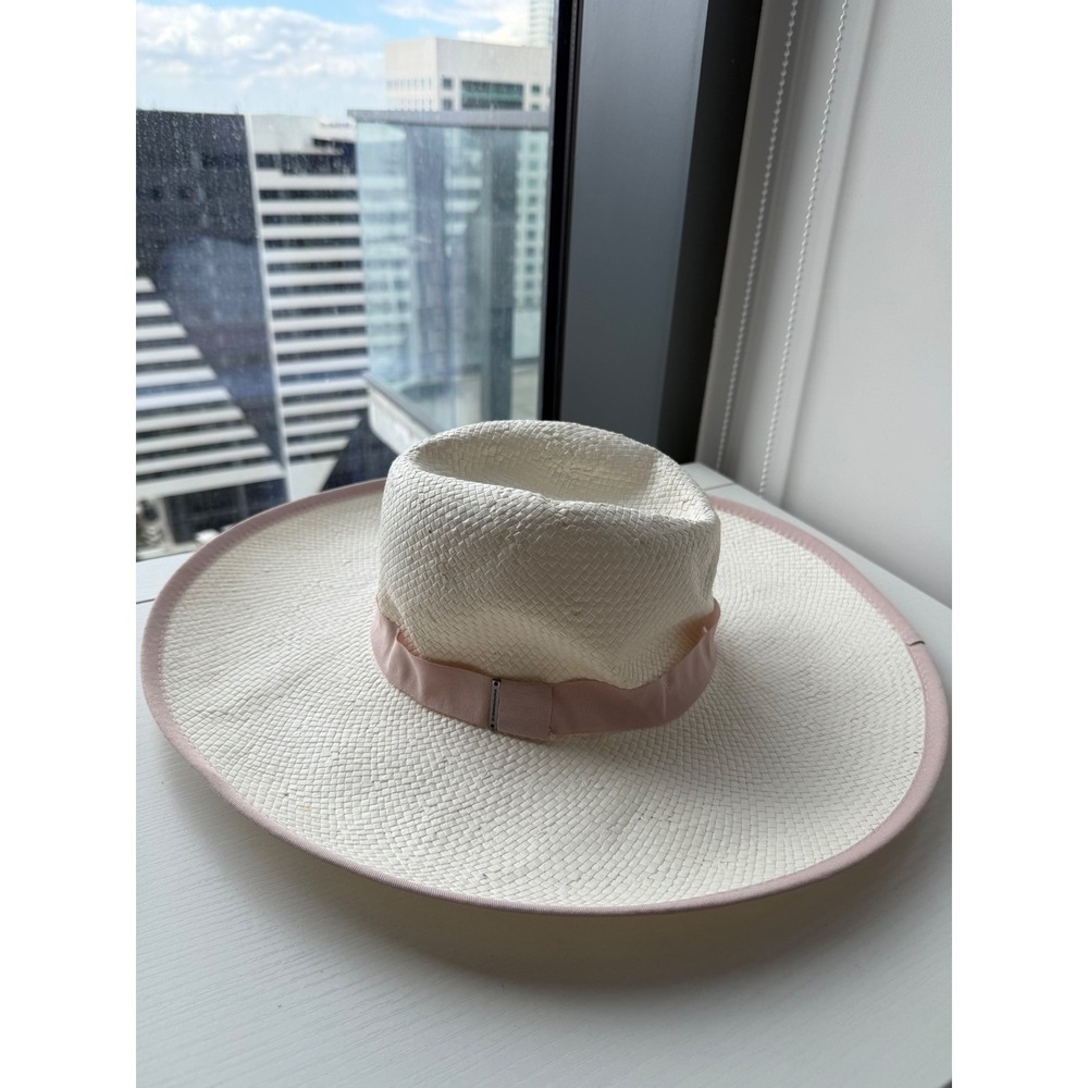 BCBGMAXAZRIA Womens Wide Brim Straw Sun Hat White Pink Trim